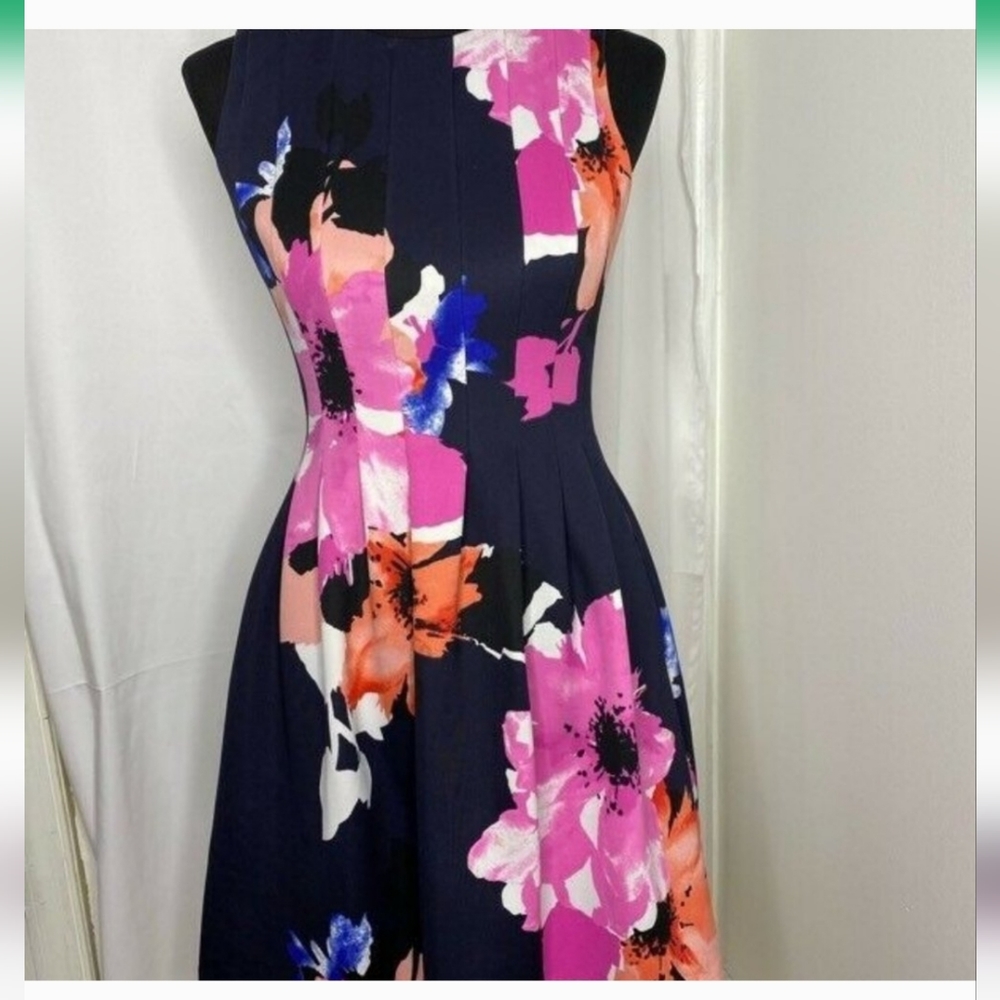 Vince Camuto Womens A Line Dress Navy Floral Pleat Size 2